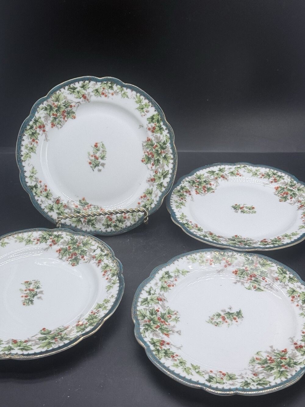 Antique Empire China Austria Holly Berry Gold Teal Rim Plates Christmas Set of 4